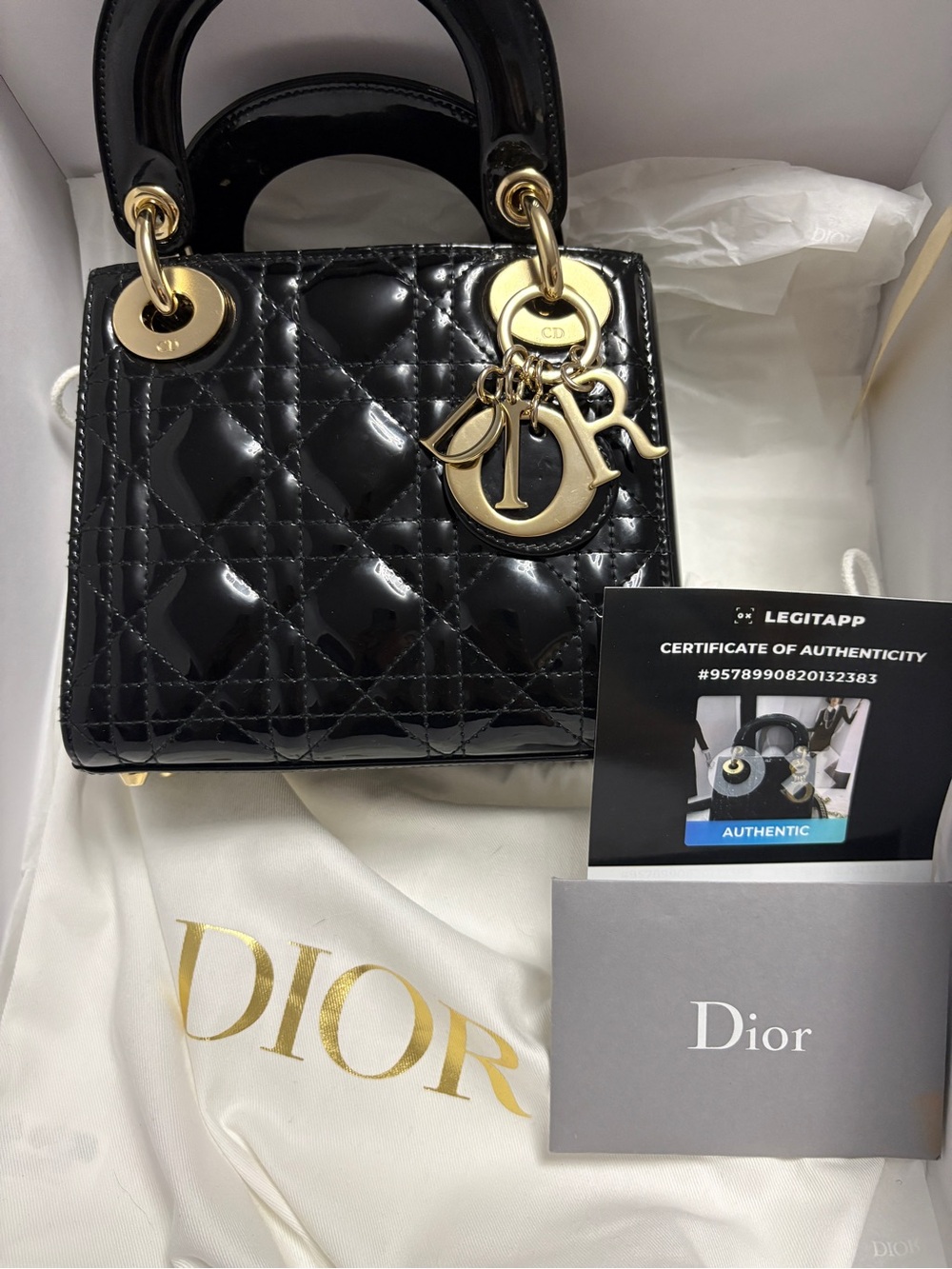 Dior Black Patent Lady Dior Mini Tote with Gold Hardware